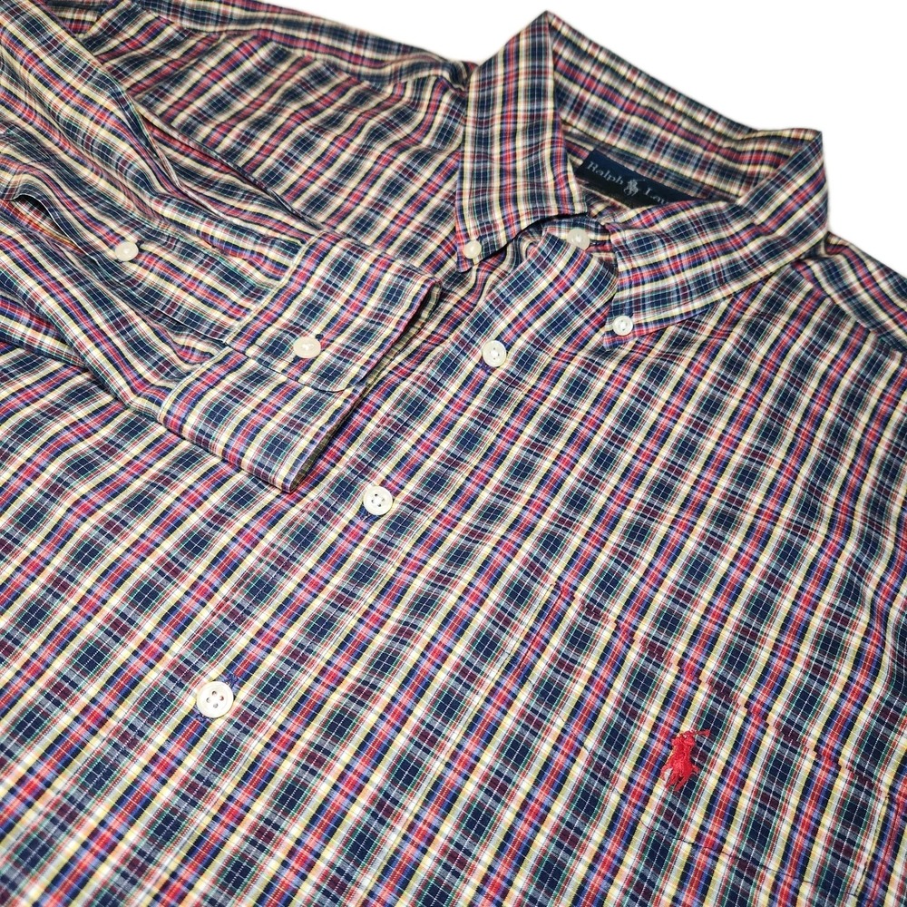 RALPH LAUREN Blake Button Down Shirt Mens 2XL Red Blue Plaid Cotton Long Sleeve